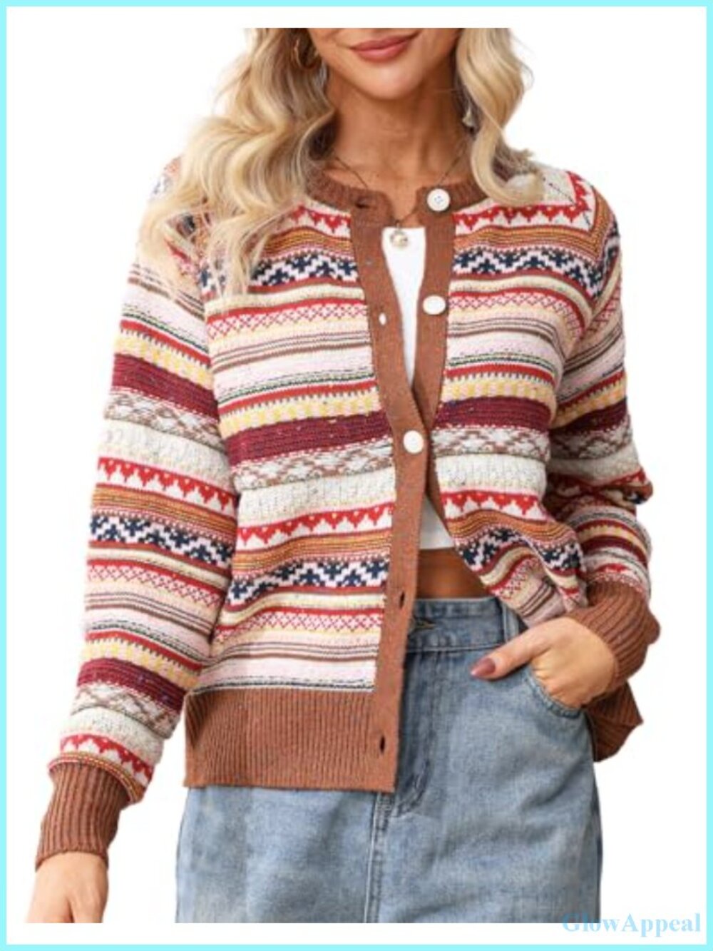 Chunky Knit Fair Isle Cardigan Women Button Down Long Sleeve Sweater Coat